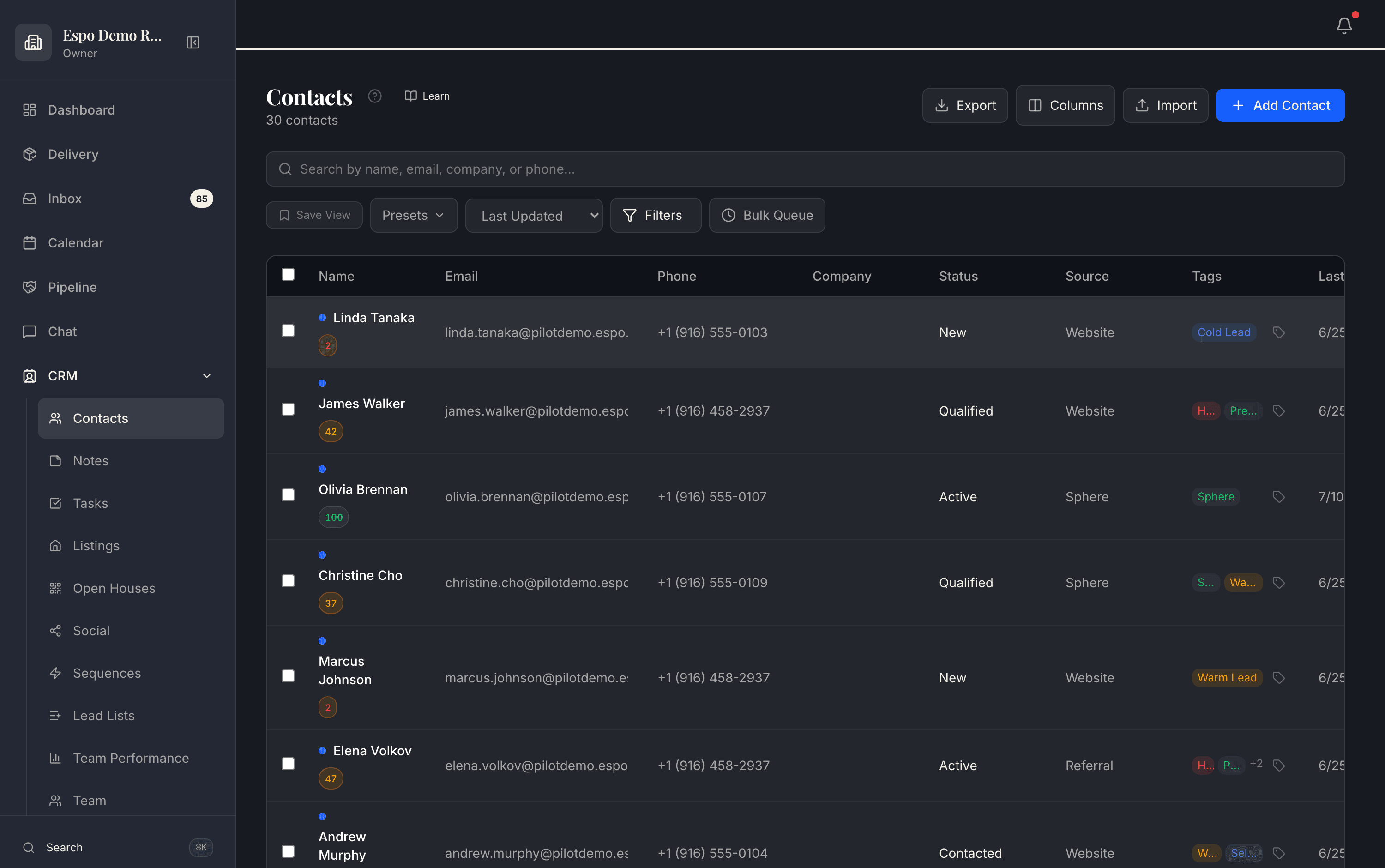 The Espo contacts list with a Source column showing website, sphere, and referral origins on every record, in a demo workspace.