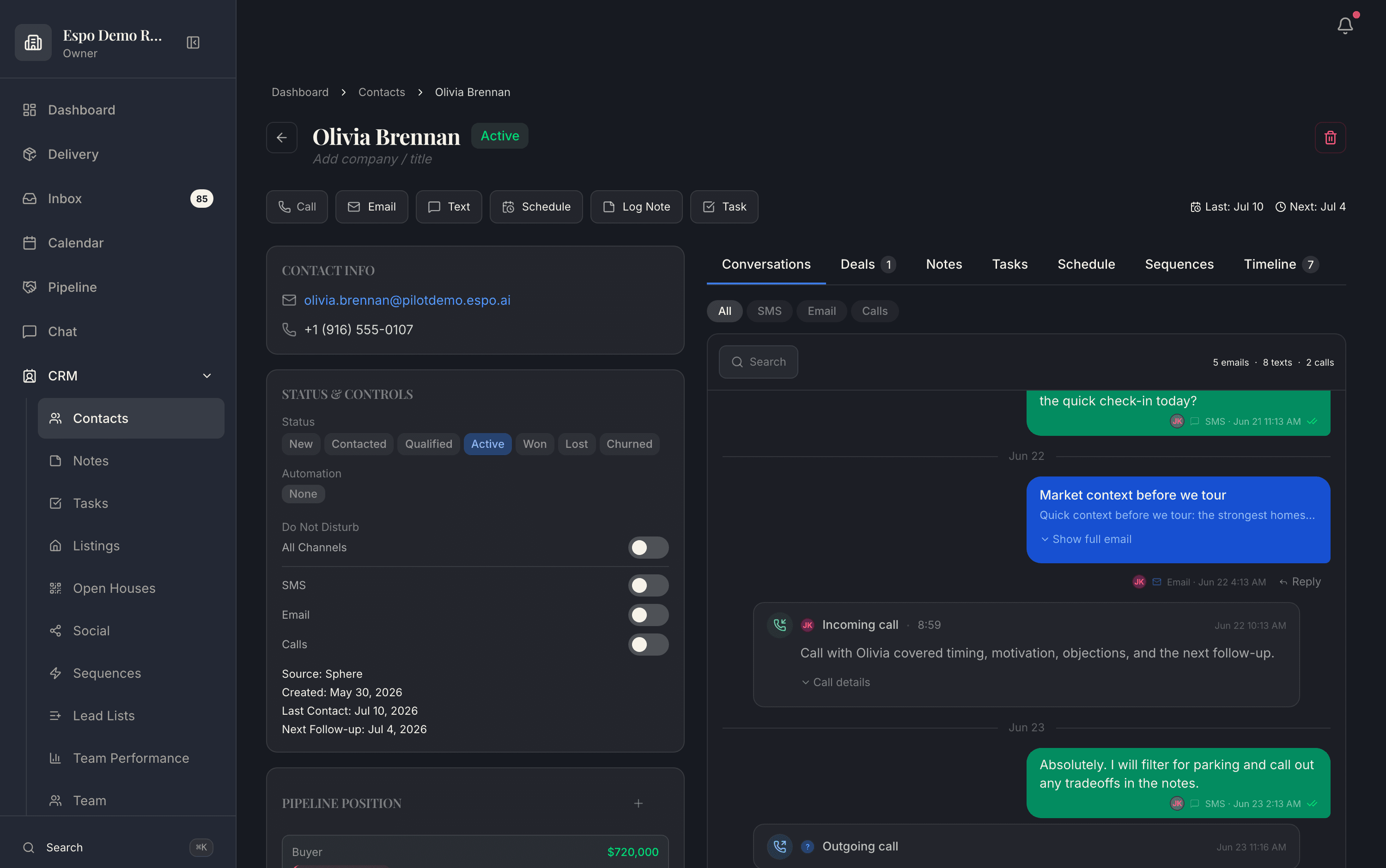 A contact record in Espo with conversations across email, SMS, and calls, pipeline position, and per-channel do-not-disturb controls.