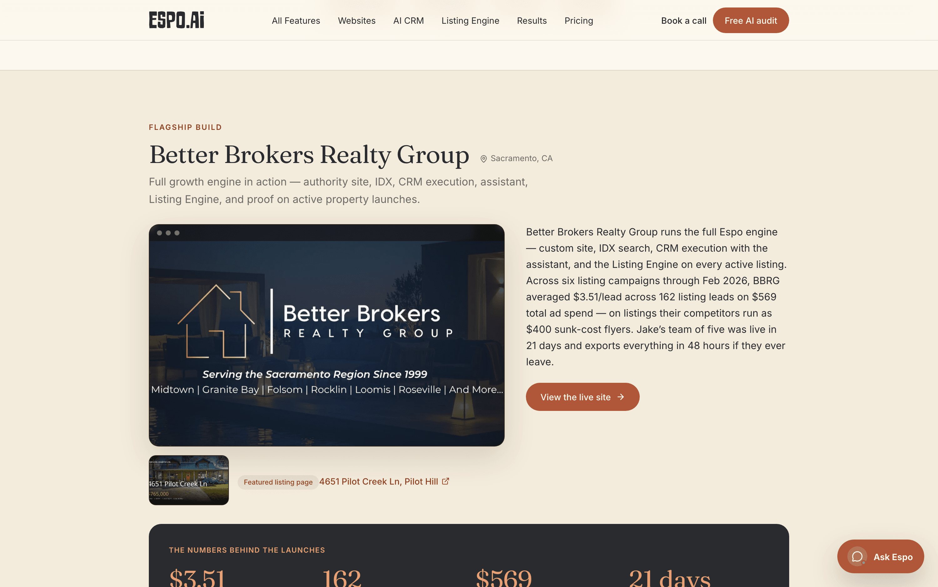 The espo.ai examples page showing a flagship client build — a live AI-discoverable real-estate site with its verified launch numbers.