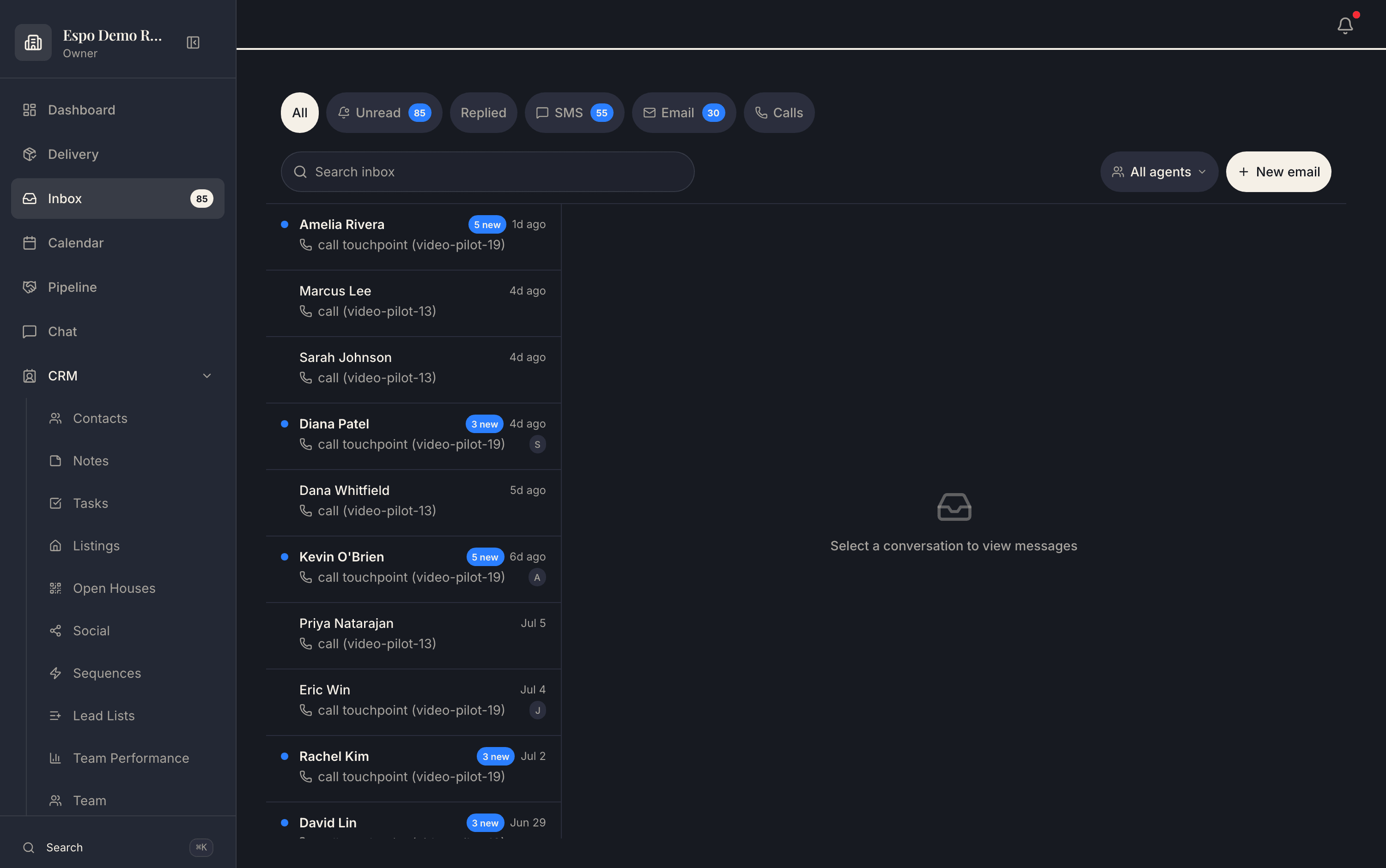 The unified Espo inbox with SMS, email, and call conversations filtered in one view.