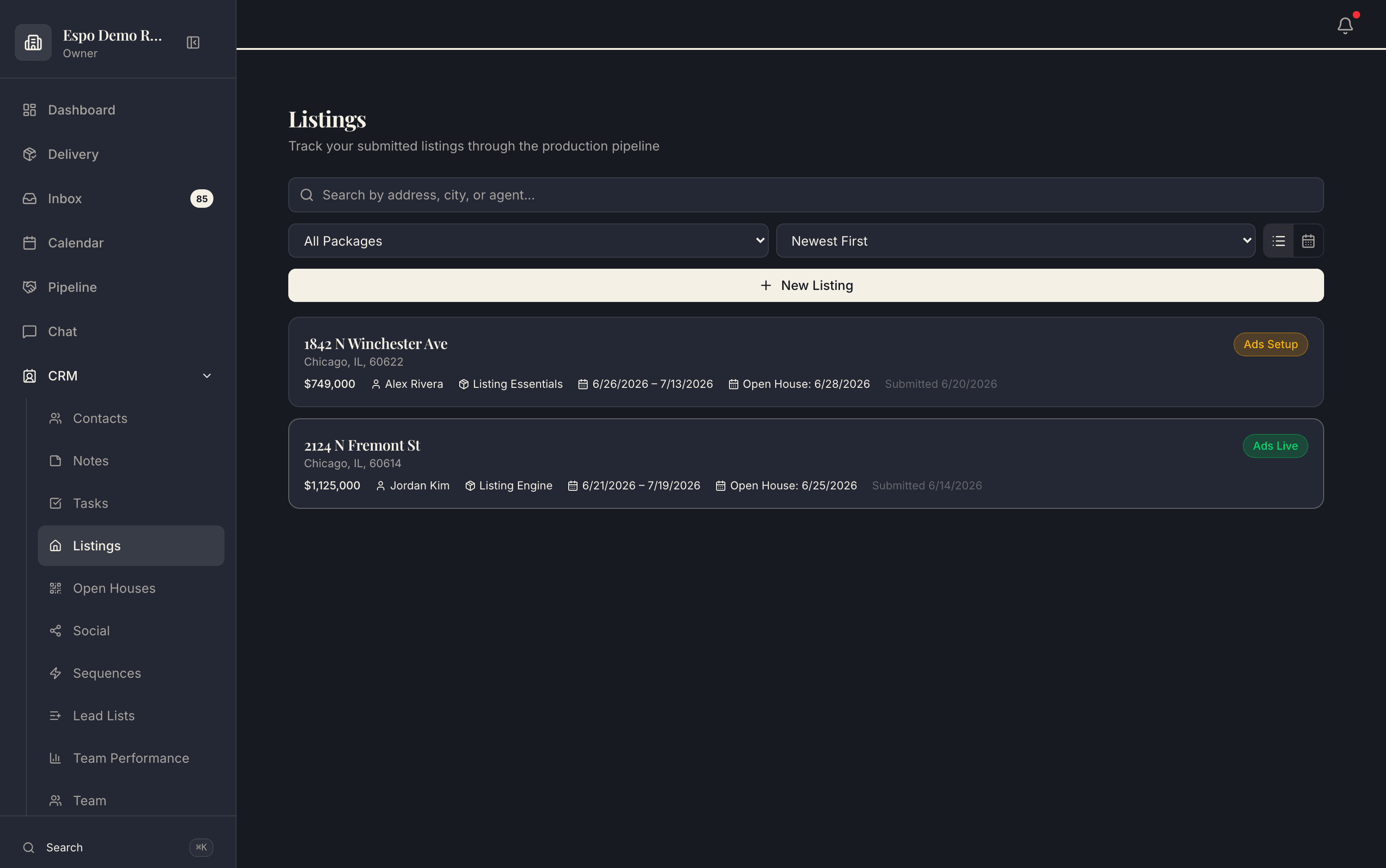 A Listing Engine launch with its Meta campaign live, tracked alongside the rest of the pipeline in a demo workspace.