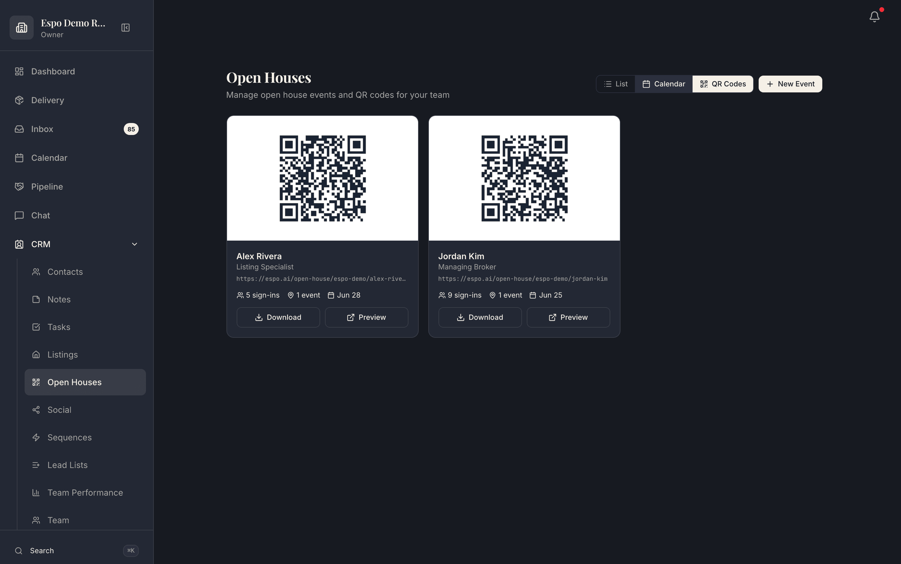 Per-agent open-house QR codes in Espo with live sign-in counts, ready to download or preview, in a demo workspace.