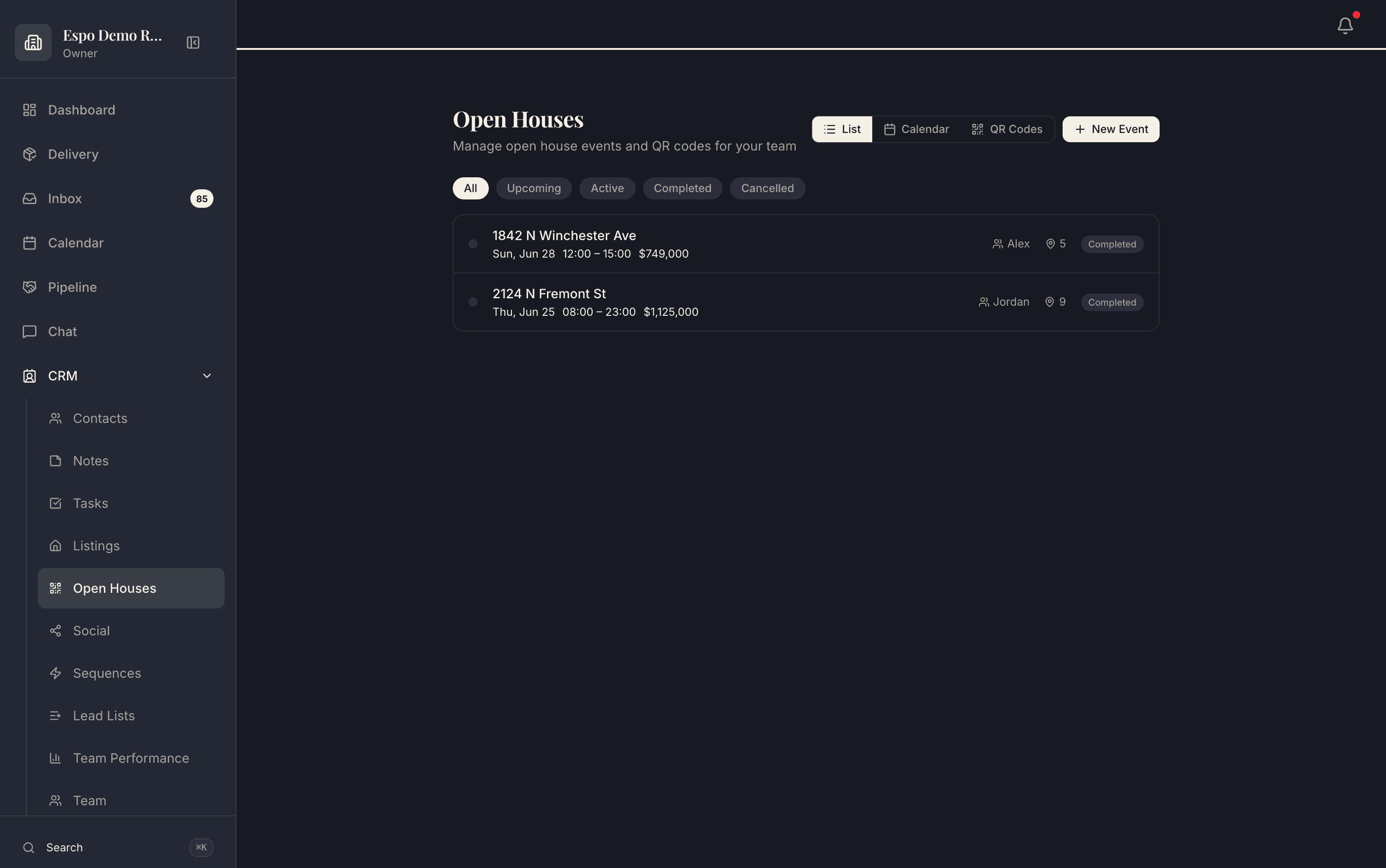 The Espo open-house event list with per-event visitor counts and statuses in a demo workspace.