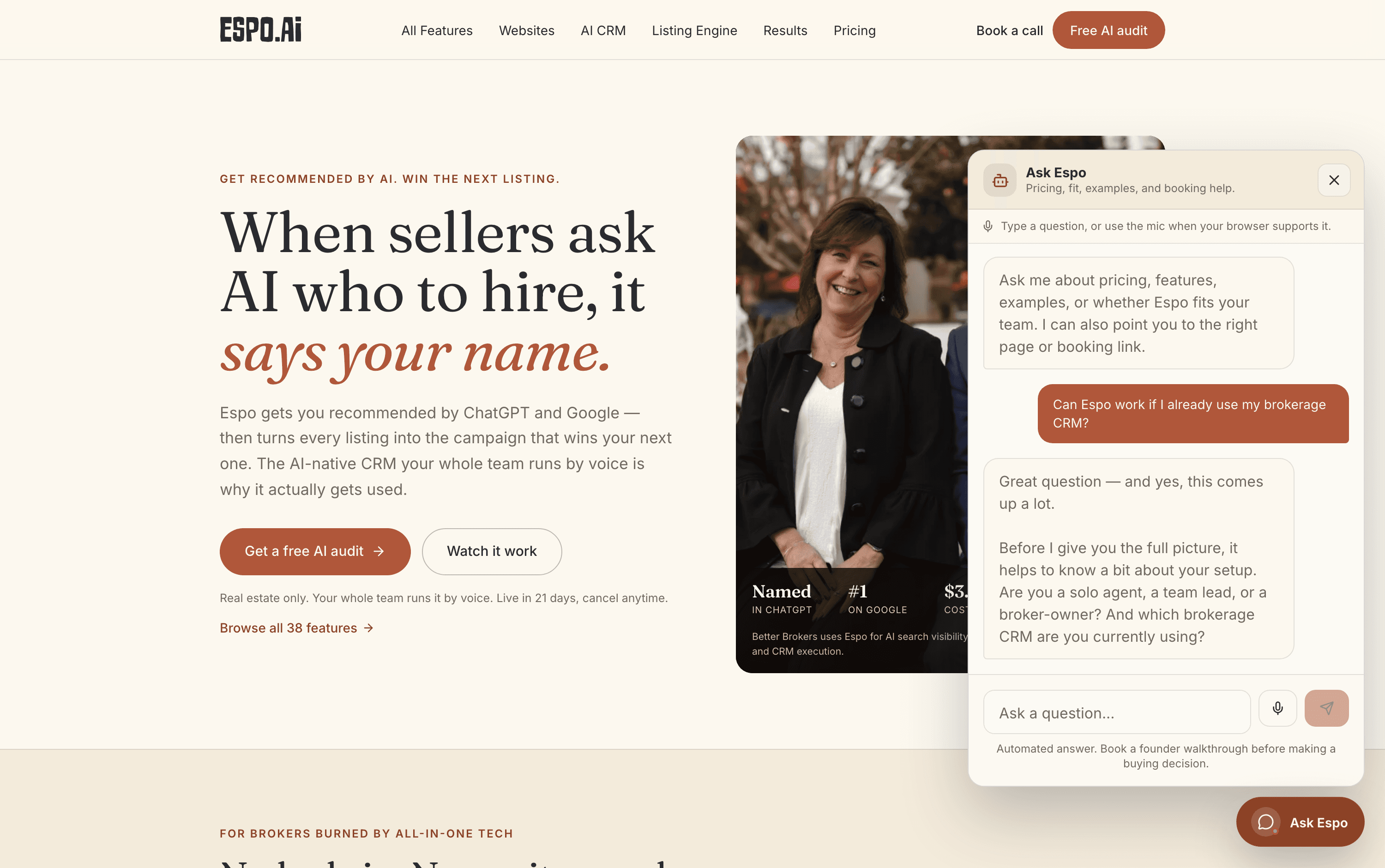 The Ask Espo assistant open on espo.ai, answering a real visitor question about working alongside a brokerage CRM.