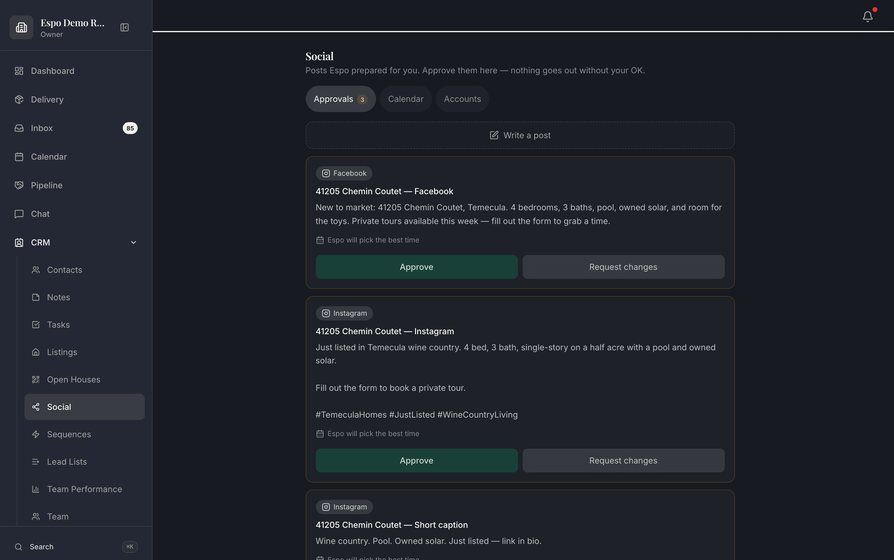 Prepared Facebook and Instagram listing posts waiting for approval in the Social queue.