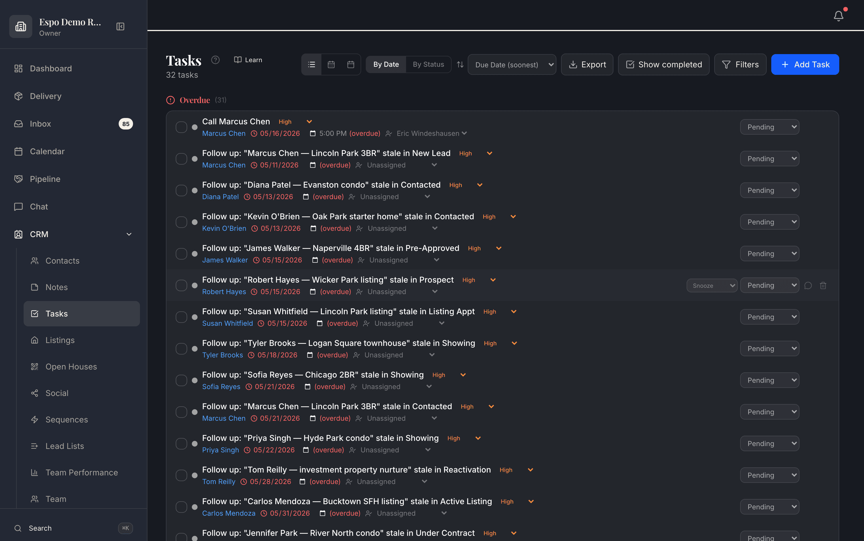 The Espo tasks view with an overdue queue of stale-deal follow-ups, each naming the contact and property.