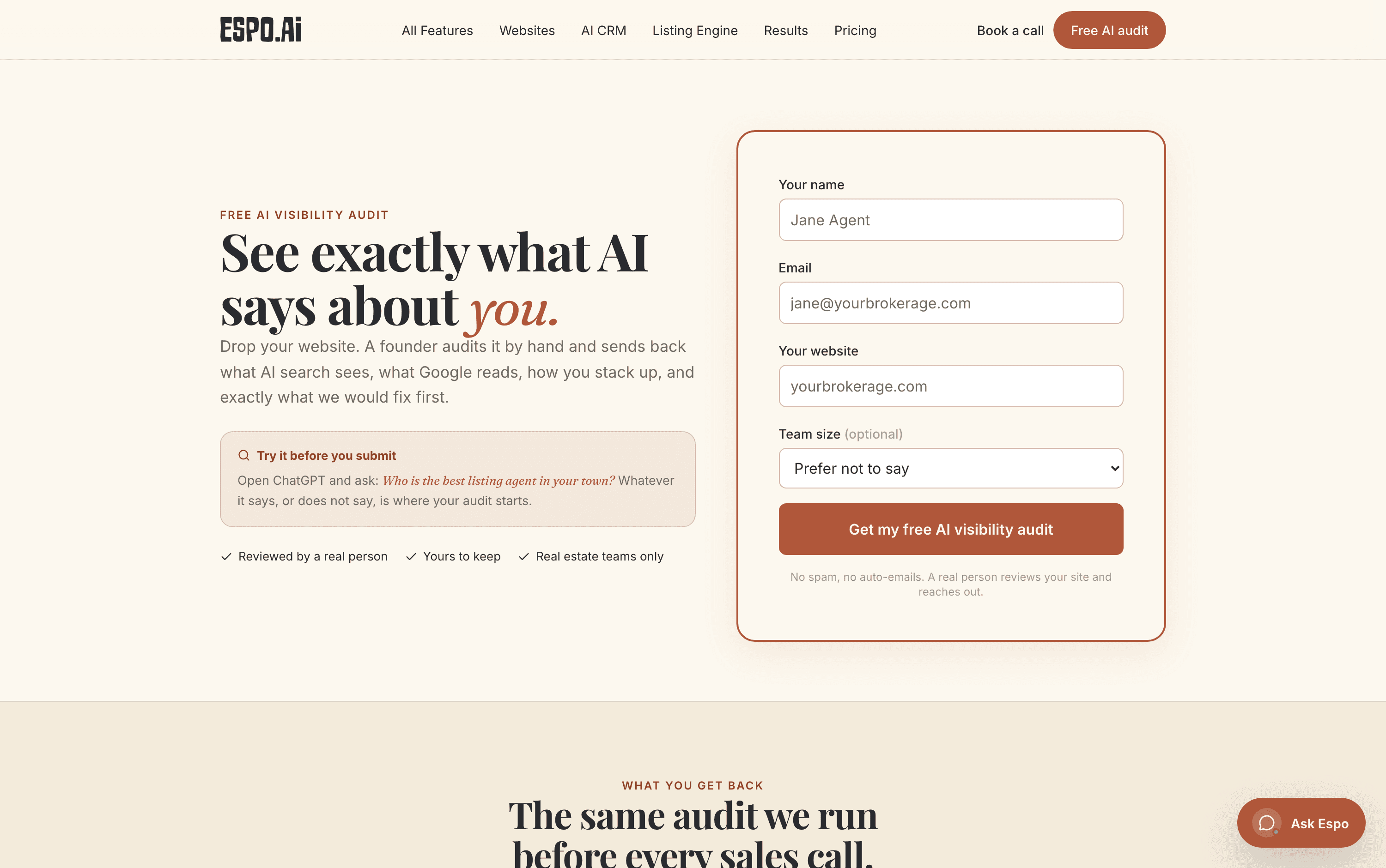The free AI visibility audit page on espo.ai — drop your website and a founder sends back what AI search sees and what to fix first.