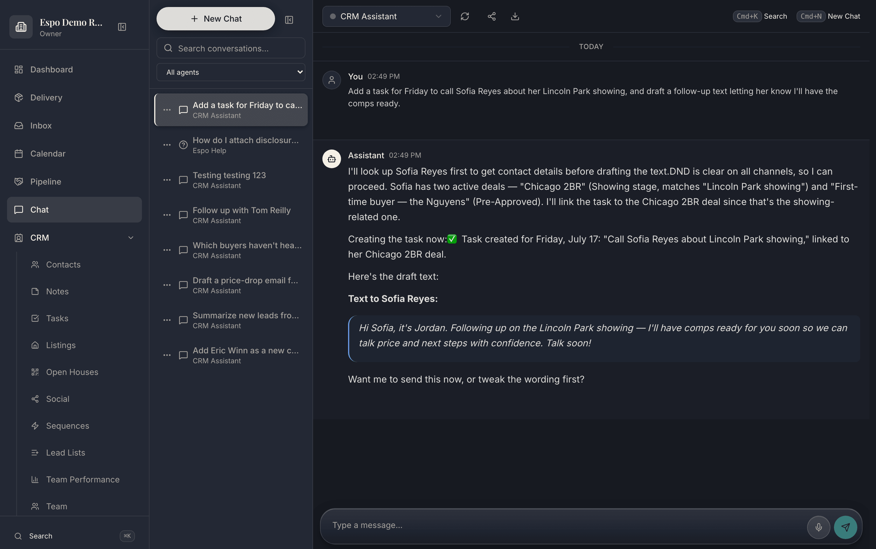 A spoken command turned into CRM work — contact found, task created, follow-up drafted, approval requested.