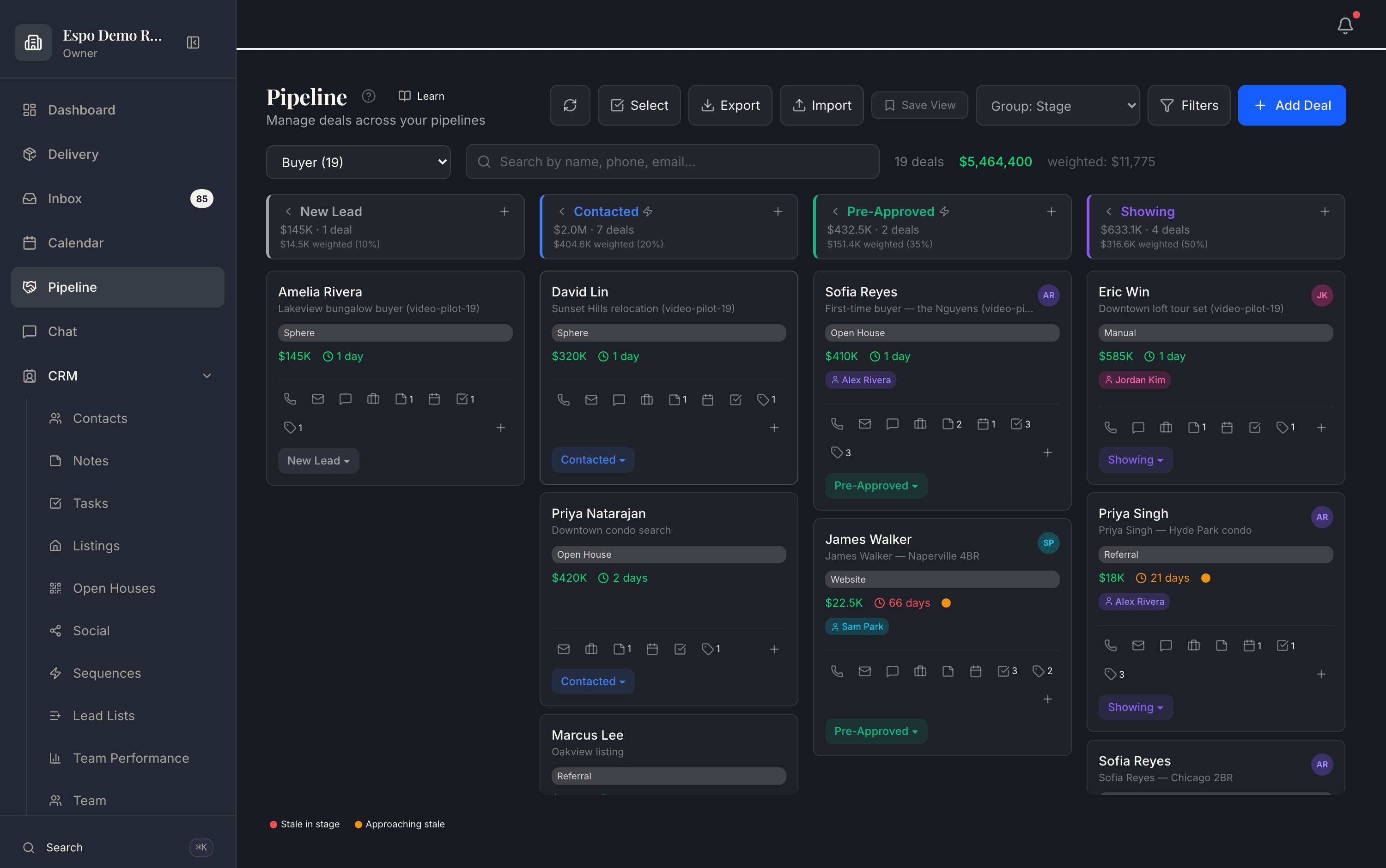 The Espo pipeline board with staged buyer deals, weighted values, stale-deal flags, and per-deal activity in a demo workspace.