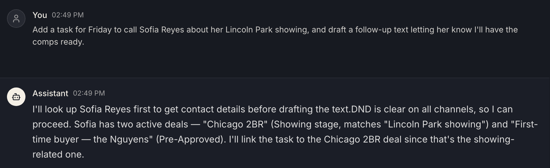 The assistant confirming do-not-disturb is clear and choosing between two active deals before drafting.
