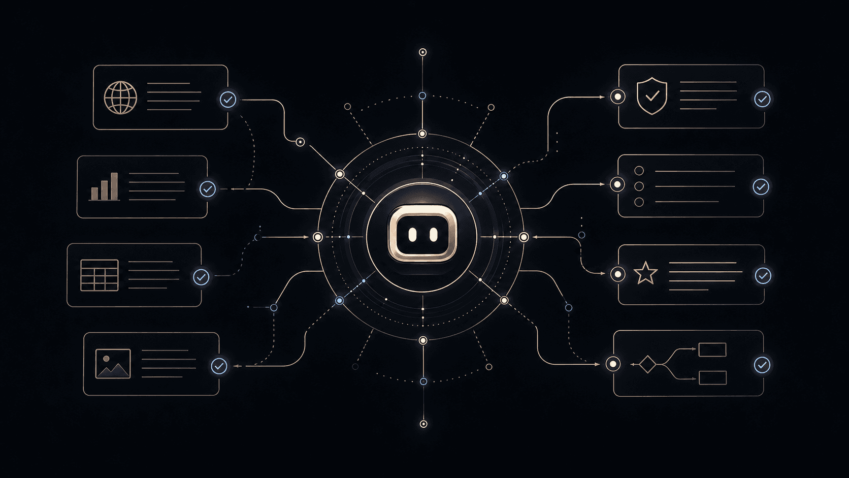A verification network connecting an AI memory core to evidence cards and checked facts.
