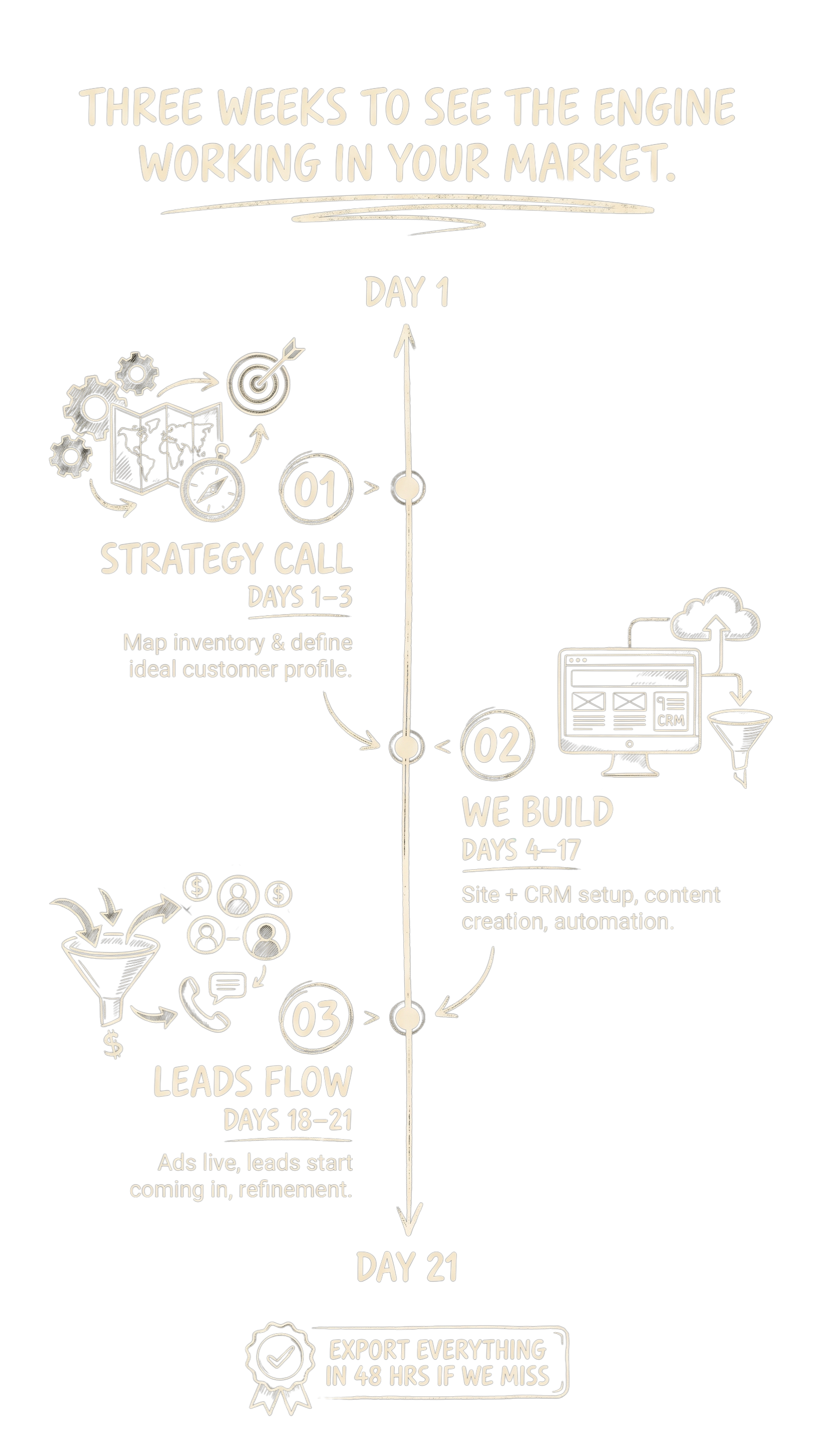 21-day timeline: Day 1–3 Strategy Call, Day 4–17 We Build, Day 18–21 Leads Flow. Badge reads 'Export everything in 48 hours if we miss'