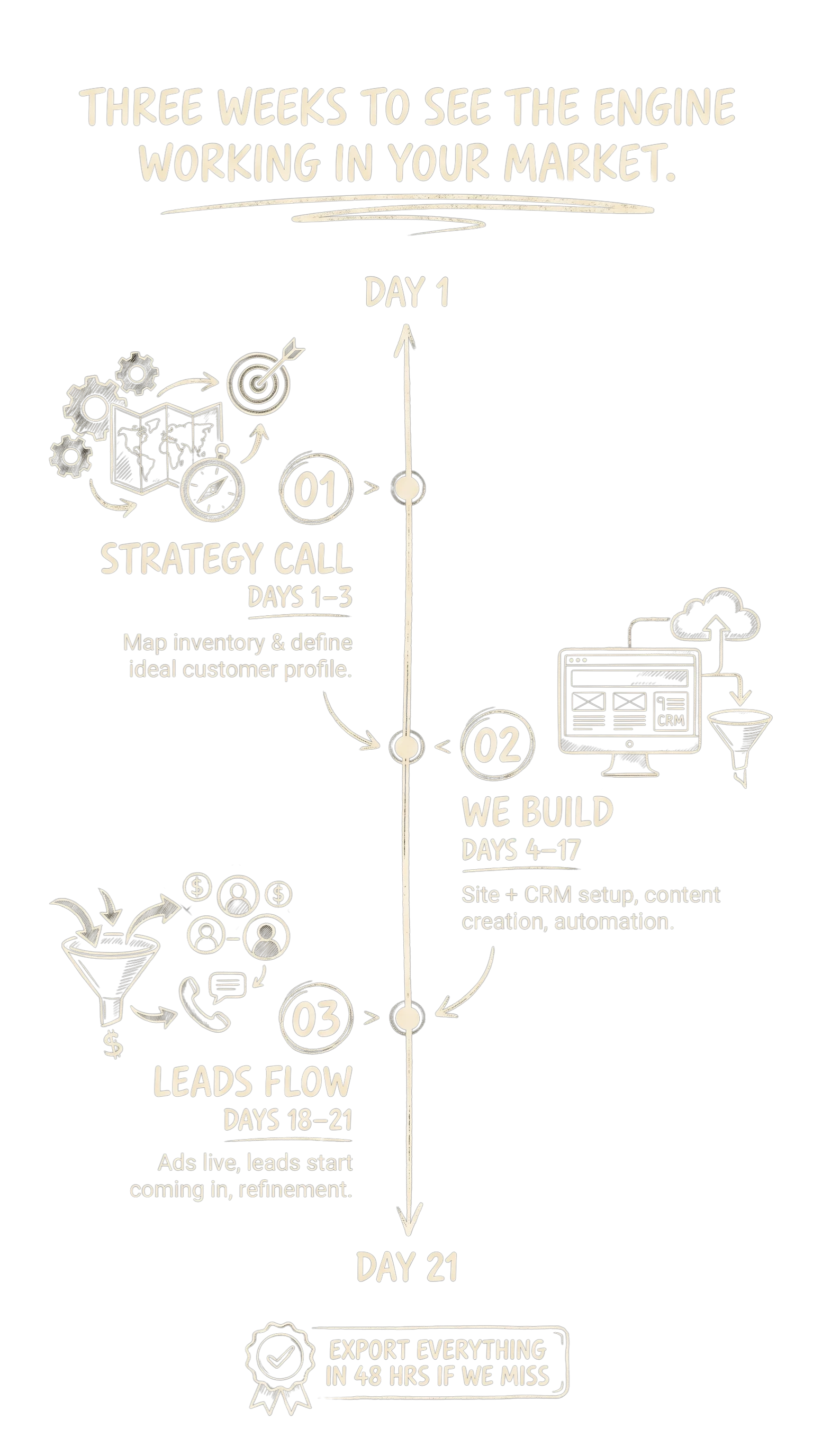 21-day timeline: Day 1–3 Strategy Call, Day 4–17 We Build, Day 18–21 Leads Flow. Badge reads 'Export everything in 48 hours if we miss'