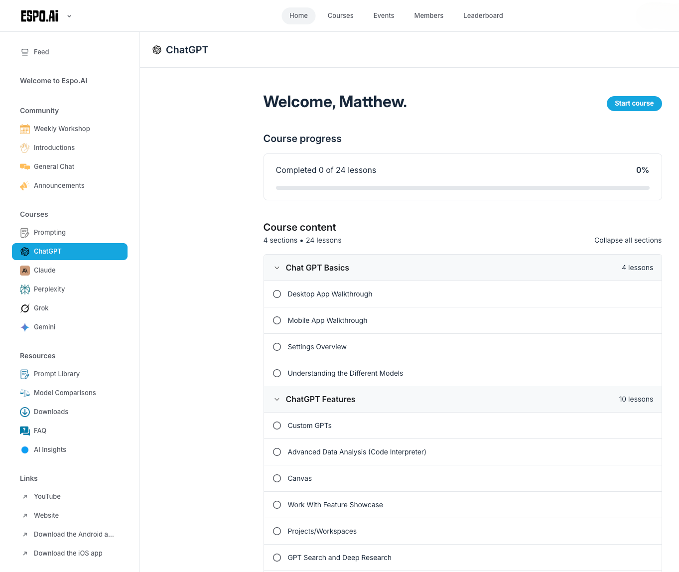 Espo.ai course dashboard screenshot showing module list