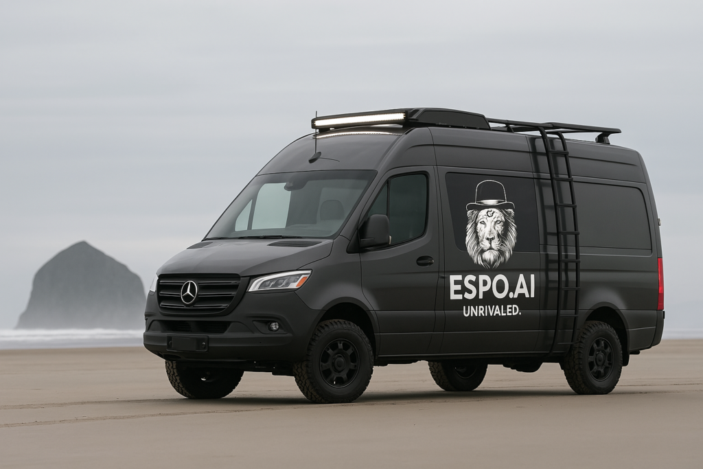 Espo.ai-branded black van symbolizing mobile workspace